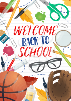 Welcome Back to School student supplies poster. Education items frame of pencil, pen and scissors, glasses, glue and compasses with striped notebook pattern on background for knowledge themes design