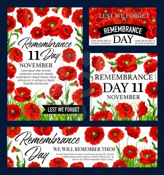 Red poppy flower Remembrance Day banner with Lest We Forget black ribbon. World War soldier and veteran memorial card with poppy flower frame for 11 November design