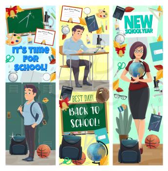 Student and teacher with education supplies and class items banners of New School Year celebration. Book, pencil and pen, blackboard, ruler and globe, backpack, microscope and stationery flyers design