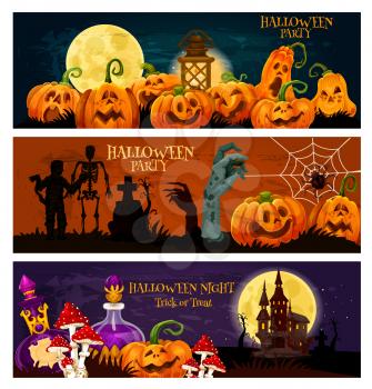 Halloween zombie night party banner. Pumpkin lantern, ghost haunted house and cemetery with zombie and skeleton, moon, spider net and thomb invitation template for october holiday celebration design