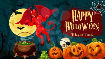 Halloween holiday greeting banner with trick or track pumpkin. Horror bat, skull and devil demon, spider and moon with night forest and scary tree on background for Halloween party invitation design
