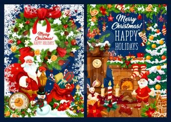 Merry Christmas greeting card with wishes of Happy Winter Holidays. Santa, Xmas tree, gift and snowman festive banner with frame of snowflake, holly garland and ribbon bow, candle, ball and cookie
