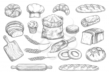 Bread isolated sketch set of bakery and pastry shop food. Bread, croissant and baguette, bun, cupcake and cake, wheat and rye long loaf bread, cookie and toast, bagel, sweet roll and flour bag