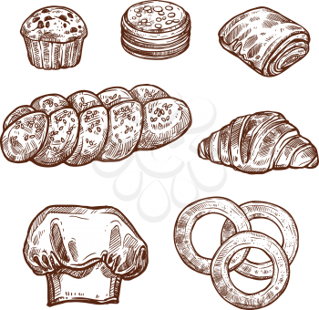 Sweet bread bun sketch set of bakery and pastry shop product. Croissant, cupcake and cookie, chocolate roll, braided bun and bagel isolated icon with baker hat for pastry dessert design