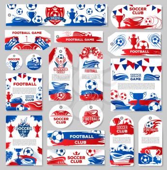 Soccer sport club tag and football game match label set. Soccer ball, winner trophy cup and football stadium grunge banner, decorated with flag, star and flame for championship sporting design