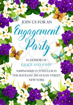 Engagement party invitation card for wedding or Save the Date design. Vector wedding flowers frame of crocuses and blooming blossoms with butterflies and bride or bridegroom names