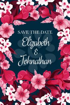 Save the Date design for engagement party invitation card for wedding design. Vector wedding flowers frame of crocuses and blooming lily blossoms with bride or bridegroom names