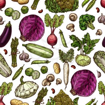 Vegetables sketch pattern background. vector seamless design of pumpkin, avocado and pepper, salad lettuce and cauliflower or mushroom, farm onion and corn or artichoke with radish or broccoli cabbage