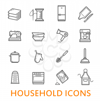 Household items in thin line art icons. Vector isolated symbols set of books, needlework needle and thread or hairdryer, kitchen utensils and tools for house cleaning or dish cooking pans and cutlery