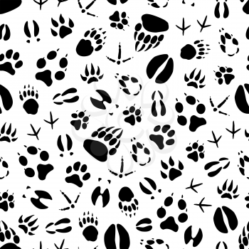 Animal track seamless pattern background of wild mammal and bird footprint. Bear, dog and wolf, tiger, deer and hog, duck, bull and chicken paw and foot print for hunting sport tracking themes design