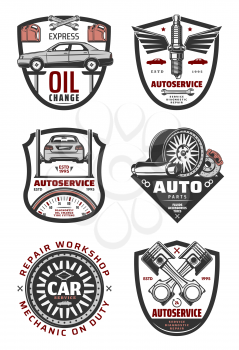 Car service retro badges for repair workshop and auto part shop design. Car, wheel and tire, spark plug, piston and wrench on vintage shields for garage or mechanic service emblem template
