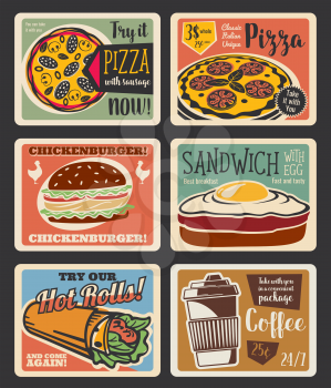 Fast food menu retro poster with takeaway dinner snack and drink. Burger, pizza and egg sandwich, hamburger, coffee and mexican burrito roll vintage card for fastfood restaurant or cafe promo design