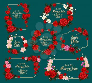 Wedding card floral frame for invitation, save the date and greeting postcard. Flower bouquet of red and pink rose, orchid, jasmine and clover, green leaf and branch for wedding celebration design