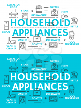 Home appliances thin line banner with household equipment and kitchenware icon. Coffee machine, refrigerator and microwave, stove, toaster and vacuum cleaner, mixer, kettle and dishwasher symbol