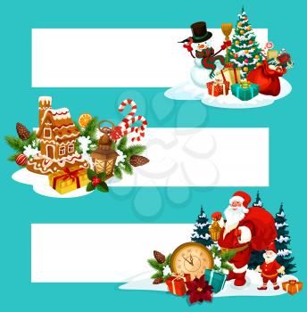 Christmas tree and gift banner set with copy space. Xmas tree, Santa Claus and snowman with present box, candy and New Year midnight clock for winter holiday greeting card and gift design
