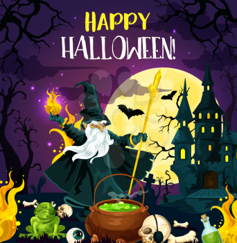 Halloween horror night poster for october holiday celebration template. Evil wizard, potion cauldron and skull on cemetery of creepy castle greeting card design with full moon and bat on background