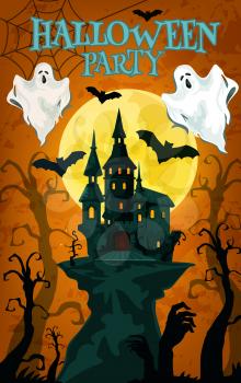 Halloween holiday party banner with horror house. Creepy castle under full moon sky with flying ghost, bat and spider net, spooky cemetery with zombie hand and fear tree for invitation flyer design