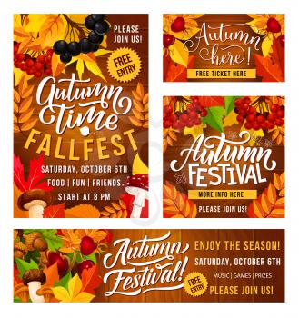 Thanksgiving Day fall fest invitation posters for traditional holiday festival celebration. Vector design of autumn vegetables and fruits harvest with maple leaf and berries