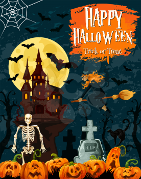 Halloween trick or treat greeting card with spooky ghost house and october holiday pumpkin. Horror castle, cemetery graveyard and witch, bat, spider and skeleton for Halloween party invitation design
