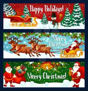 Christmas holiday banner with Santa Claus sleigh and New Year gift. Xmas tree with bell, ball and snowflake, Santa, snowman, present and reindeer greeting card, adorned by holly berry, candy and star