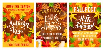Fall fest invitation posters for autumn seasonal holiday and celebration Vector design of autumn leaf of oak, poplar or maple and rowan tree with mushrooms harvest on wooden background