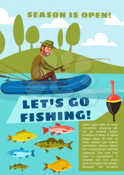 Fisherman fishing from boat with rod and hook, carp fish, cod and bream, perch and pike. Lets go fishing poster for outdoor activity open season design.