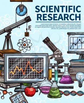 Scientific research poster with chemistry, biology and physics laboratory equipment. Test tube, flask and microscope, book, computer and light bulb, DNA and atom. Sketch style