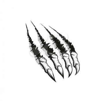 Monster claw ripping through background, tattoo or t-shirt print design. Paw mark of aggressive animal or angry werewolf beast tearing up paper with scratches and ragged edge
