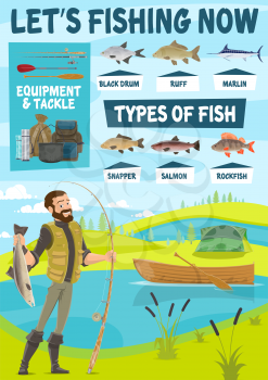 Fisherman standing on river bank with catch fish, rod, boat and tackle, black drum and snapper, salmon and marlin, ruff and fishing camp. Fishing sport poster. Fisherman equipment and chart of fish types