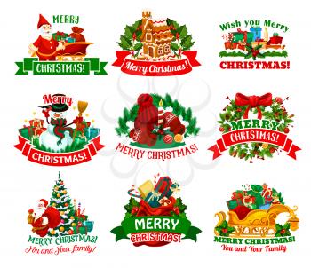 Merry Christmas holidays festive icon set for Xmas and New Year celebration. Xmas tree, gift, snowman and Santa, holly wreath, sleigh and gingerbread house badge, adorned by ribbon banner and red bow