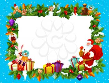 Christmas frame with blank space for New Year holiday greeting card. Blank paper edged with Xmas tree, gift box and holly branch, animal toys and ball, Santa Claus and cane candy border vector