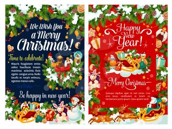 Happy New Year and Christmas holiday greeting card. Santa sleigh with gift and snowman, Xmas wreath of pine and holly with star, ball and bell, snowflake, ribbon and cookie for festive banner design