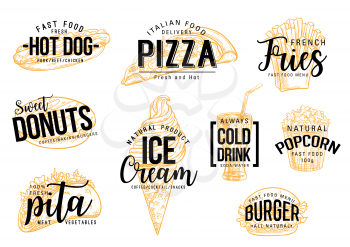 Fast food lettering of fastfood snacks. Cafe, restaurant or bistro menu. Vector sketch hot dog sandwich, Italian pizza or fries and donut or ice cream dessert and drink, popcorn and pita or burger