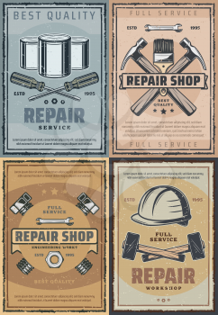 Repair service and tools shop retro design. Vector vintage design of screwdriver, screws or bolts and nuts, hammer and paintbrush or spanner and wrench. Construction and renovation theme