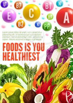 Vitamins and minerals, healthy food. Vector posters of multivitamins in fruits, salad vegetables and nuts of avocado, papaya or coconut and cabbage, radish or chicory and corn with pomegranate
