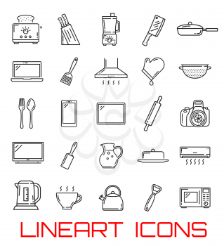Home utensil and electronic appliance icons. Vector thin line kitchen cutlery, toaster or mixer and grate, photo camera or smartphone tablet, air conditioner and electric pot or microwave oven