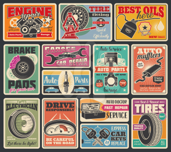 Car service and auto center vintage signboard. Vector retro design of car engine oil service, tire fitting or pumping and mechanic repair or spare parts store, keys, battery or oil