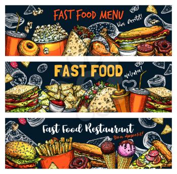 Fast food sketch of fastfood snacks and meals. Cafe, restaurant or bistro menu. Vector burger, hot dog sandwich or pizza and hamburger, Mexican tacos or chicken nuggets, fries and popcorn