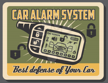 Car alarm system retro poster for auto security and defense control. Vector vintage grunge design of car digital lock key control for transport service and diagnostic station