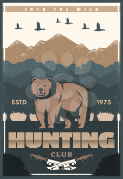 Hunting club retro poster of bear and nature for hunter society or open season. Vector vintage design of wild bear and duck birds in mountains with hunter knife for hunt adventure