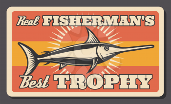 Fishing retro poster of marlin fish. Vector vintage design of fisherman big fish catch trophy for fisher tackles shop or sport adventure