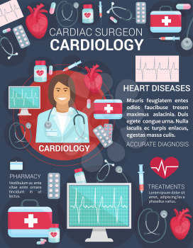 Cardiology medicine items for cardiologist or surgeon clinic poster. Vector doctor with heart pulse on cardiogram, cardio treatment pills or first aid kit and syringe with stethoscope