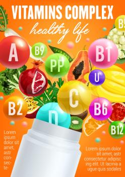 Vitamins in fruits and vegetables poster for healthy nutrition. Vector multivitamin complex design of exotic fruits and capsules with broccoli, arugula or tropical pineapple or orange with papaya
