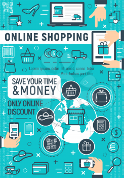 Online shopping poster for internet discount store and payment technology. Vector credit card for customer buy and pay service in computer or smartphone online shop application