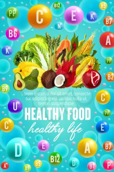 Vitamins in natural fruits, vegetables and nuts food. Vector poster for healthy nutrition of multivitamin complex pill and capsules in tropical pineapple, coconut or papaya, broccoli and salads