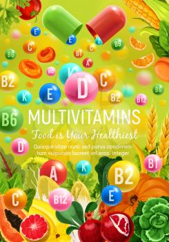 Multivitamins in natural fruits, cereals and vegetables for healthy food. Vector poster for vitamin nutrition pills and capsules in tropical pineapple, coconut or papaya, broccoli and chicory salad