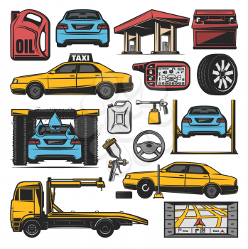 Car service icons for gasoline station, tire pumping or tow truck and auto wash. Vector isolated car alarm, accumulator battery or painting sprayer and transport traffic navigator