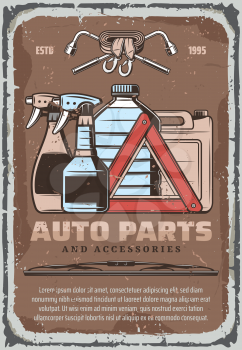 Car parts and auto accessories and chemistry fluids store retro poster. Vector vintage design of autoglass cleaner sprayer, lug wrench and emergency stop sign with tow hooks and windshield scraper