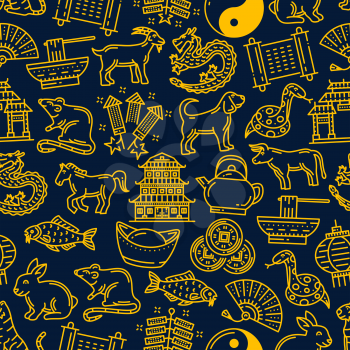 Chinese lunar zodiac animals and holiday celebration symbols for Chinese New Year. Vector seamless pattern background of golden China temple, coins and noodles with traditional lanterns and fireworks