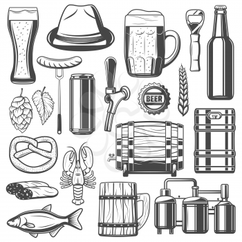 Beer brewery, snacks and craft brewing production line icons for festival or traditional Oktoberfest. Vector isolated hat, sausages and lobster or dry fish and lager beer bottle or wooden barrel